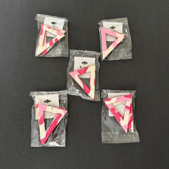 NOC Geometric Pink Camouflage Triangle Wooden Fabric Drop Earrings Lightweight - Picture 4 of 4